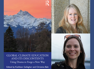 image of book cover with snow capped mountain, pink sky and forest beside photos of Kathleen Gallagher and Christine Balt